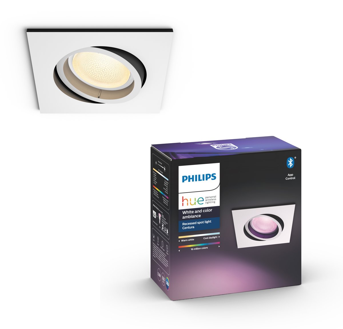 Philips Hue - Centura - White and Color Ambiance - inbouwspot - 1 lichtpunt - wit - vierkant - Bluetooth