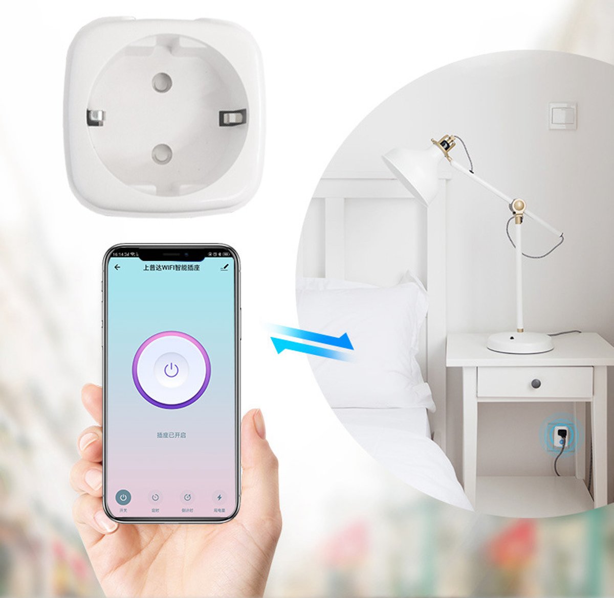 Wifi slimme stekker. Werkt met Alexa. Beheer het stroomverbruik van uw apparaat via wifi, via uw telefoon. 1 stks, wit. Slimme aansluiting.