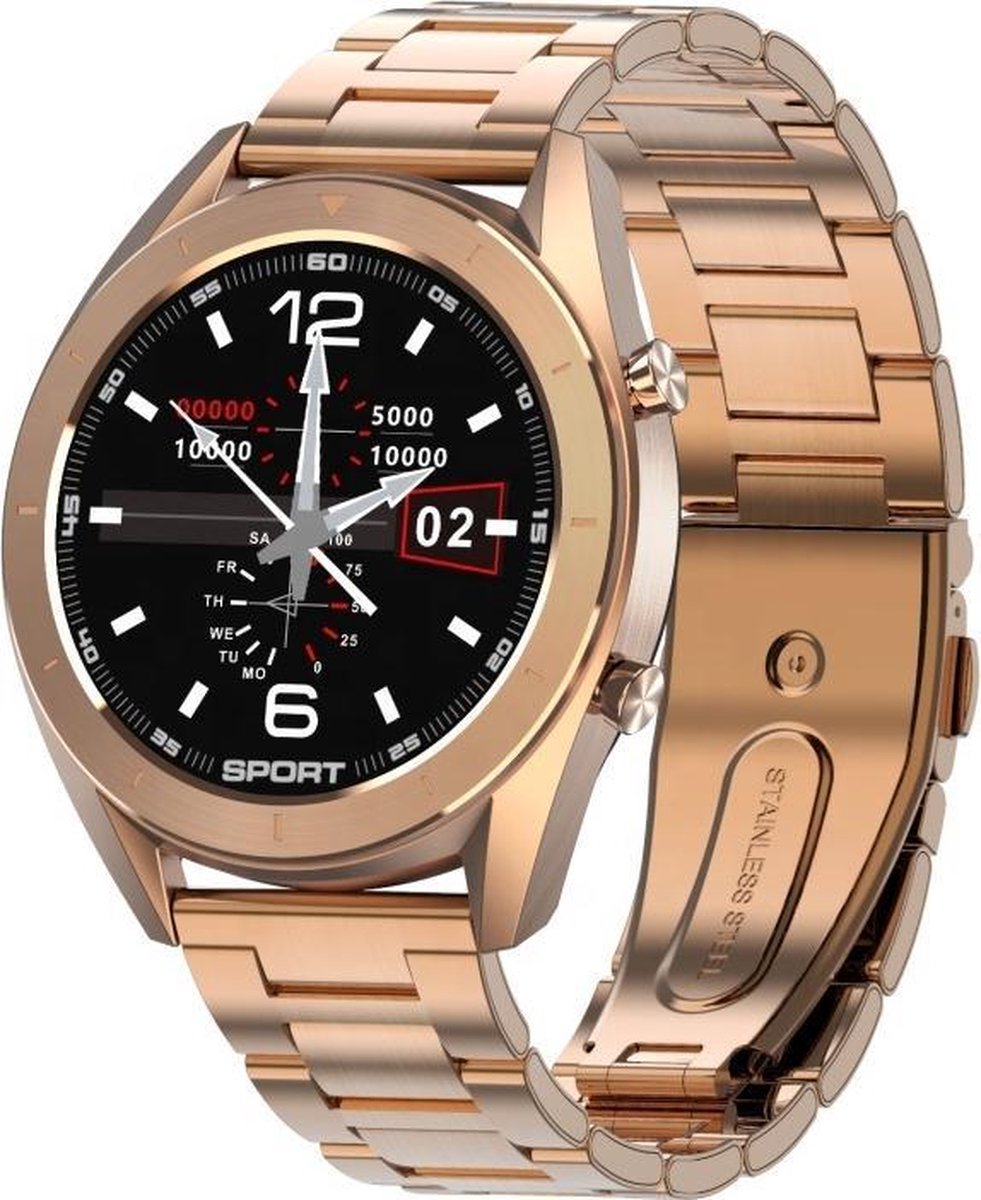 Belesy® Royal - Smartwatch - Horloge - 1.2 inch - Kleurenscherm - Full Touch - 16x Wijzerplaat - Goud - Staal