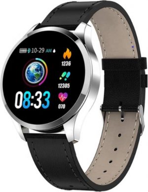Tijdelijk LAAG GEPRIJST! - NIEUW Belesy® Q9 - Smartwatch - horloge - zilver - zwart - leer. Groot kleurenscherm 1,3 inch - stappenteller - bloeddrukmeter - calorieen. GRATIS zonnebril van Belesy cadeau