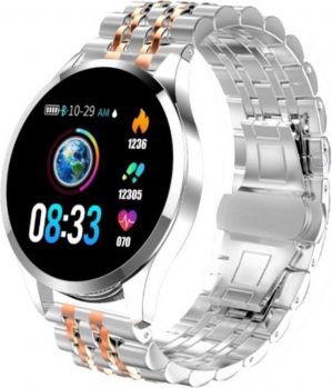 Belesy® BQ7pZiRg - Smartwatch dames - Smartwatch heren - Horloge - 1.3 inch - Kleurenscherm - 10x Sporten - INDOOR en OUTDOOR - Zilver - Rose Goud - Staal - Schakel
