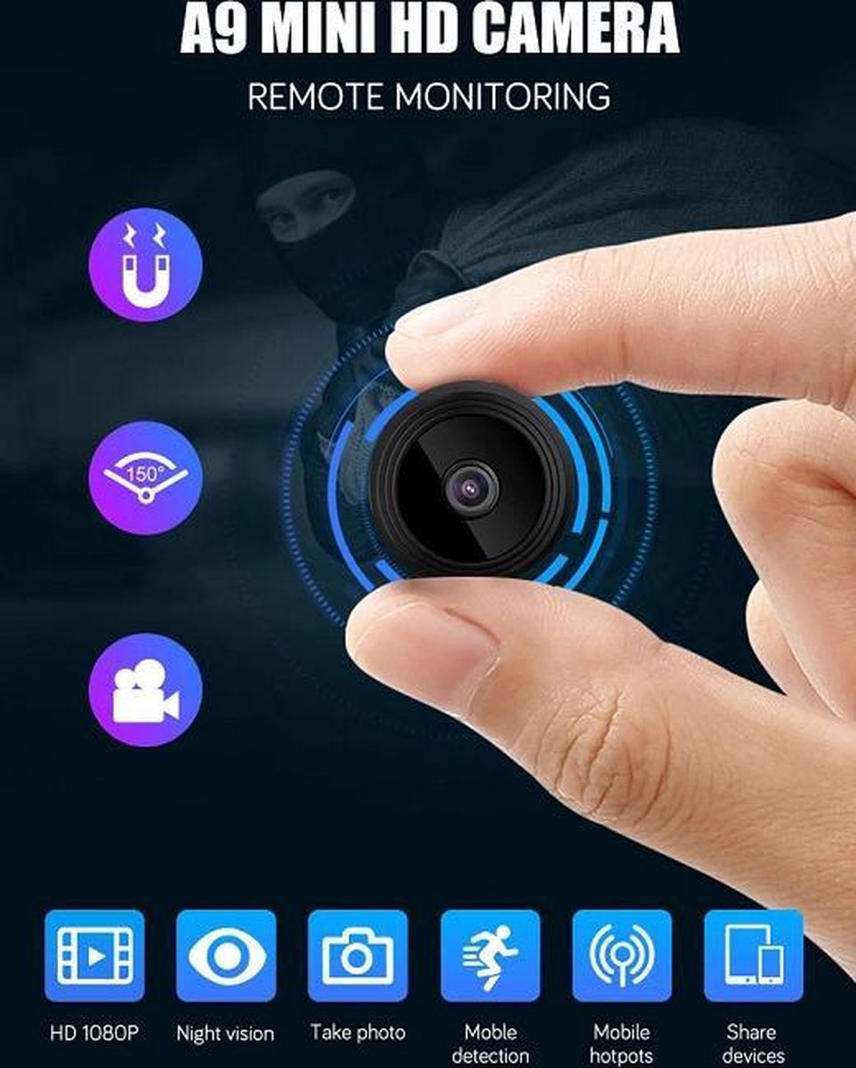 Centechia- Mini camera draadloze - Nachtzicht veiligheid - Verborgen camera - Voor Smartphone, Android en computers - Smart camera 1080P Full-HD WIFI Spy camera nachtzicht - Babycamera- Babyfoon Kijkhoek: 150°- Indoor Camera - Smart Camera