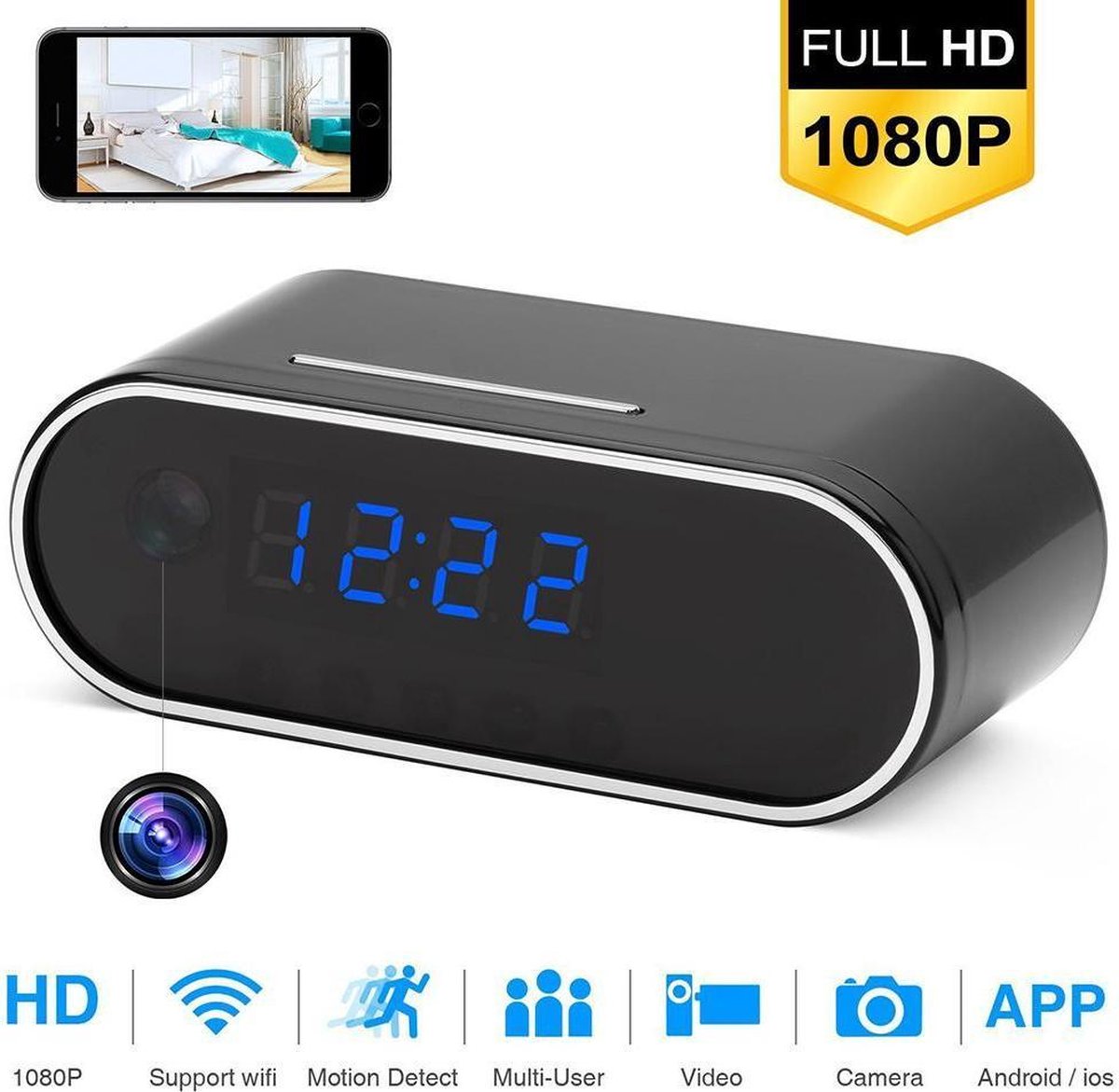 DrPhone XK2 - Wekker Klok met Wifi Camera - 1080P Verborgen Camera - Nachtvisie - Beweegsensor - Micro-SD Slot - IP camera + android / iOS iPhone app - Zwart