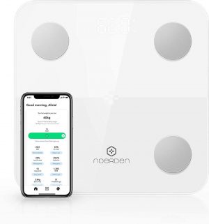 Noerden Minimi - Smart Weegschaal, wit- Gewicht, BMI, BMR, vetgehalde, spiergehalte, hydratatie, visceraal vet, botmassa & metabolische leeftijd