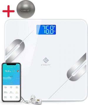 Smart Digitale personenweegschaal, bluetooth + Oefenbal. App voor lichaamsvet, BMI, spiermassa, eiwitten, BMR. Gewicht - afvallen - dieet - Moederdag