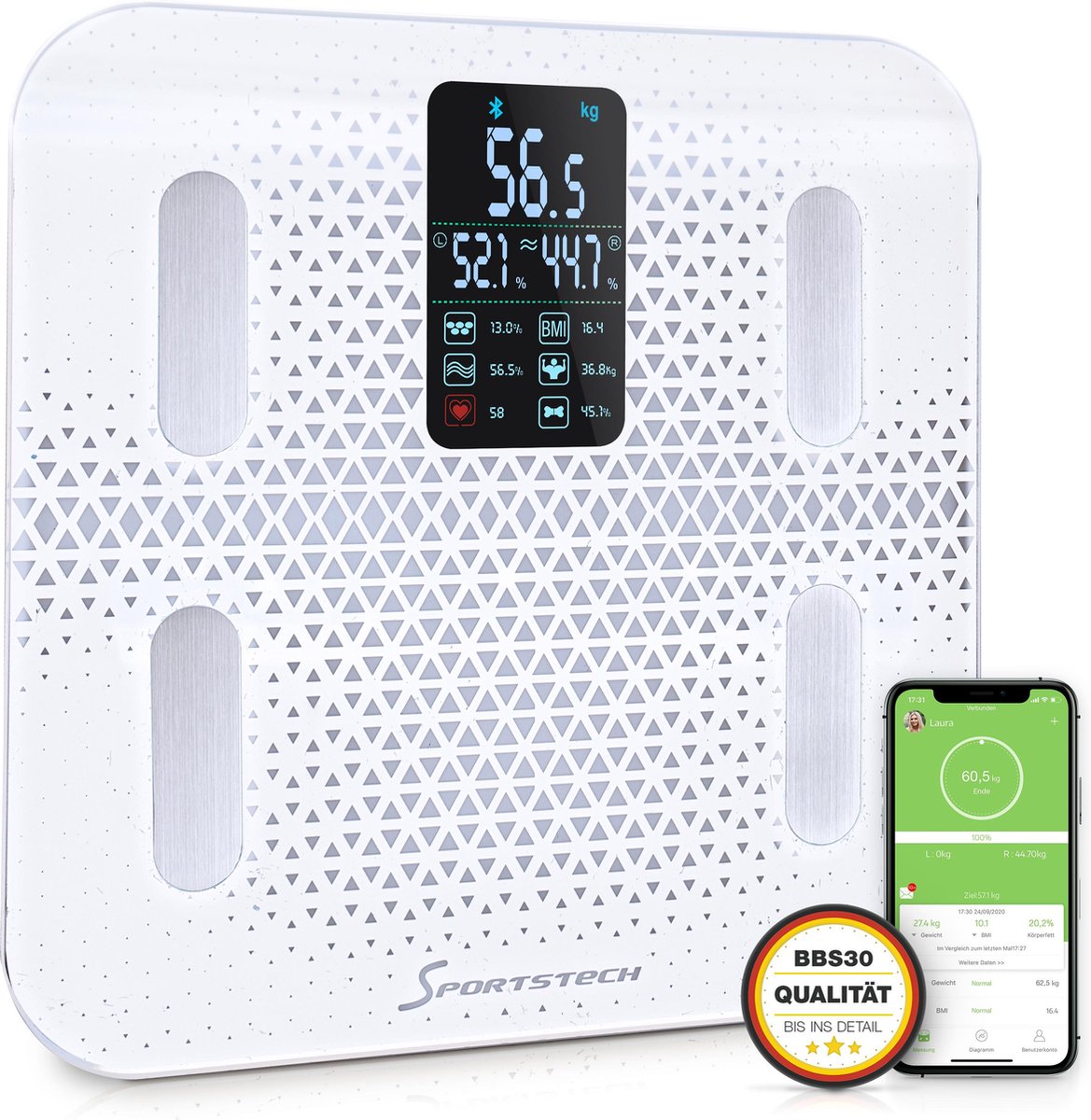 Sportstech weegschaal - groot display - 30 dagen acculooptijd - BBS300 - personenweegschaal - wit