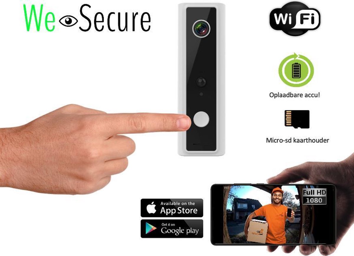We- Secure Slimme wifi oplaadbare video deurbel, geen abonnement nodig!