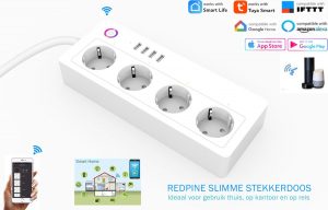 WiFi Smart Multi-plug / Slimme Stekkerdoos - 16A - 4x Stekkers en 4x USB ( 3,1A - Snel Opladen ) - Werkt met App - Voice Control / Stembesturing - Amazon Alexa - Google Home - Tuya Smart Life