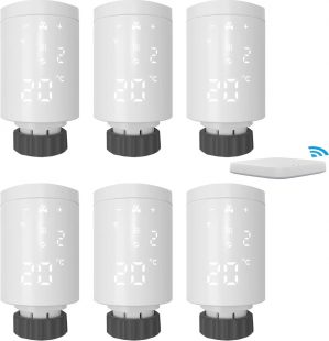 ZigBee - Slimme Radiatorknop - Set van 6 Radiatorknoppen met 1 Bridge / Gateway - Smart Home - Thermostaatkraan - Compatibel met Google Home / Assistant en Amazon Alexa