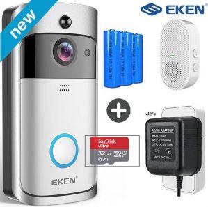 EKEN V5 deurbel met camera + 32GB SD kaart - 220V Adapter - Draadloze deurbel met camera - inclusief gong + 3 oplaadbare batterijen - Video deurbel