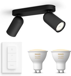 Philips myLiving PONGEE Opbouwspot - zwart - 2 lichtpunten - Incl. Philips Hue White Ambiance Gu10 & dimmer