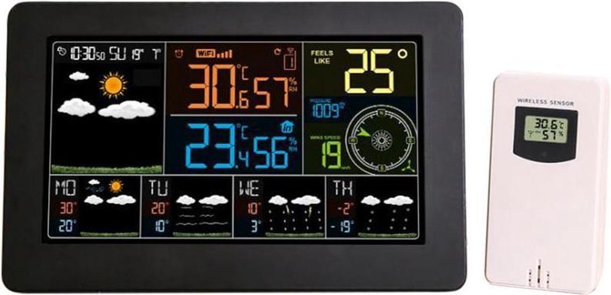 Smartzo SW4 - Weerstation binnen en buiten - Draadloos weerstation met draadloze buitensensor - Zwart weerstation met LCD-display - Wifi weerstation met WeatherSense koppeling