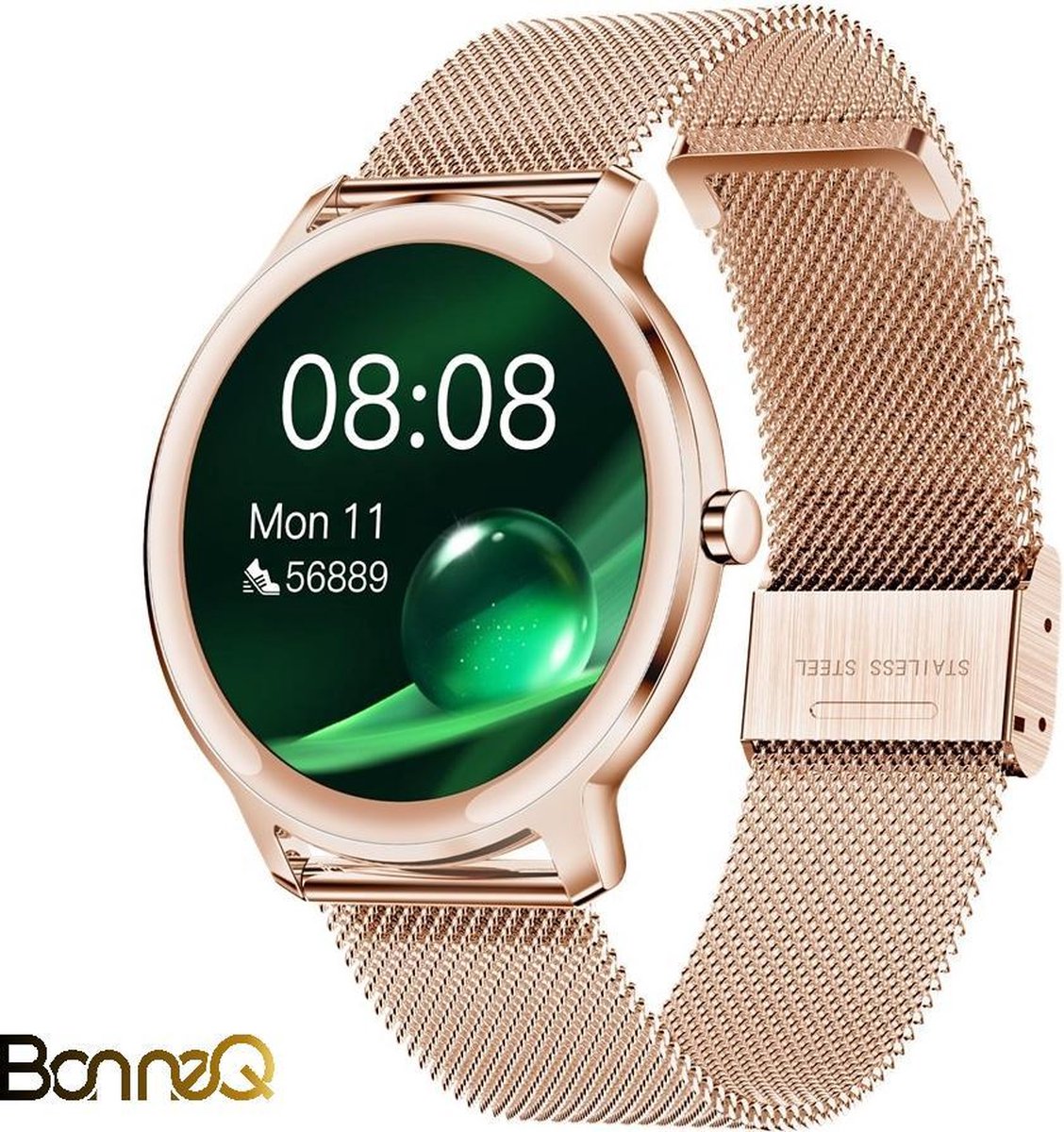 pin comfort Stralend BonneQ - Luxe dames Smartwatch - Stappenteller - Stappenteller horloge  dames - Hartslagmeter - Calorieënverbruik - Sportfuncties - Ontvang  inkomende berichten (social media) - Bellen - Slaaptracker - Rosé goud -  Smart Gear Compare