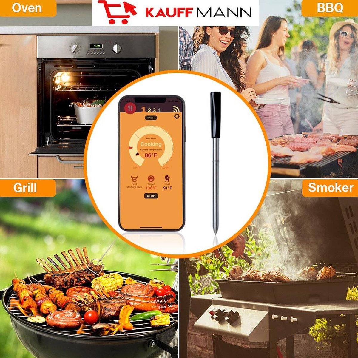 vals bloeden olie Kauffmann - Bluetooth Vlees Thermometer - 30 Meter - BBQ Accesoires -  Keuken Thermometer - Vleesthermometer - Draadloos - Bluetooth - Barbecue -  Met Gratis App - Geschikt Voor Oven - Grill - BBQ Temperatuur Meter -  Digitaal - USB Oplaadbaar - Smart ...