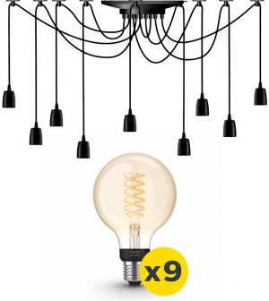 Quality Leds Spider hanglamp - LED - zwart - 9 lichtpunten - Incl. Philips White Filament Globe klein E27