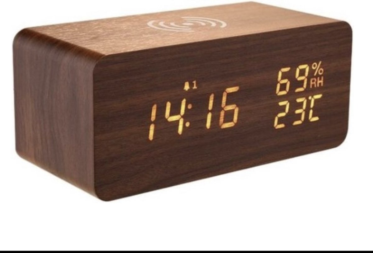Boavida -Houten Digitale Wekker - Reiswekker - Wekkers Digitaal - Draadloos Oplader iPhone - Weerstation Binnen