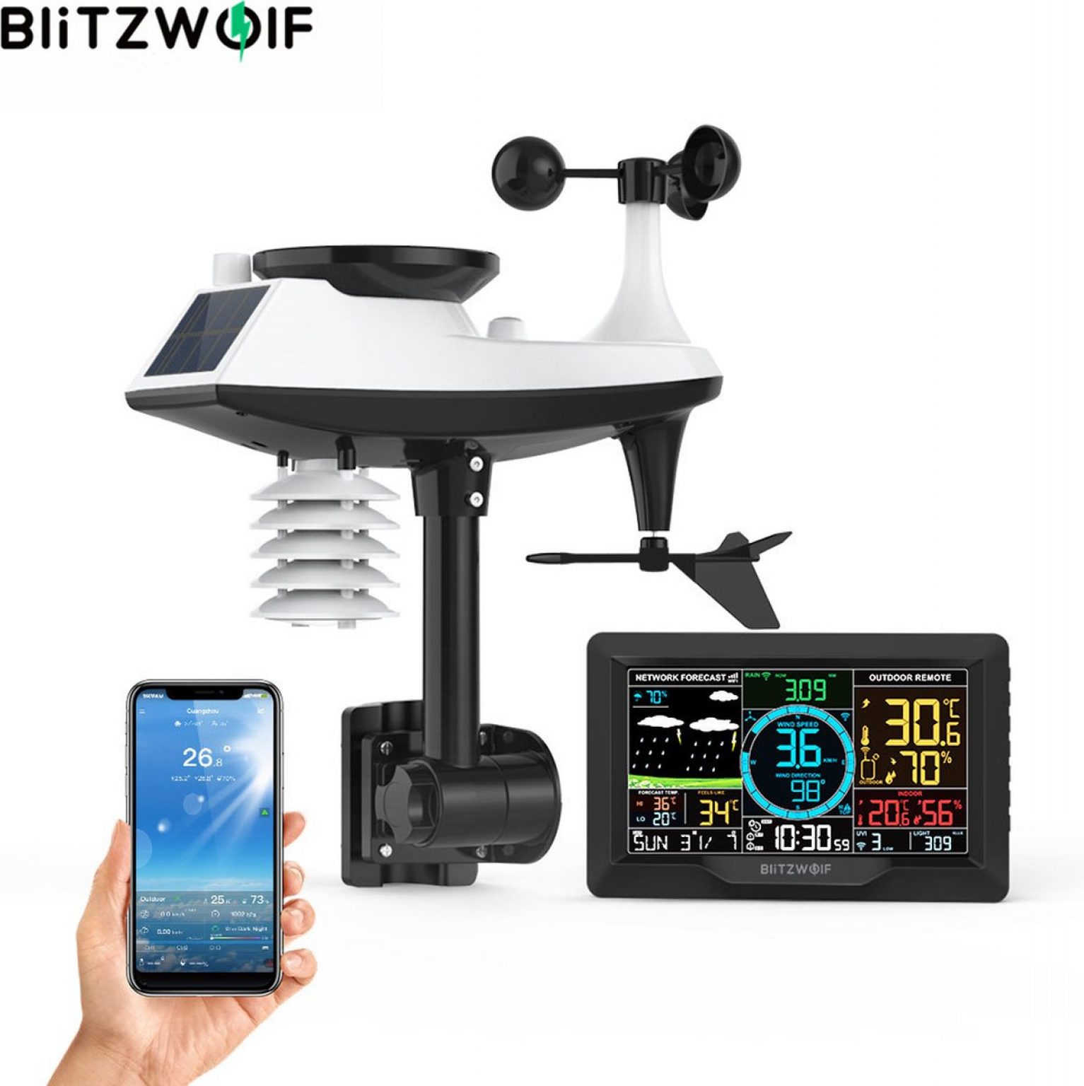 BlitzWolf BW-WS03 Draadloos Weerstation - Met Buitensensor En APP Bediening Met 7 5 Inch Kleurendisplay Voor Temperatuur Vochtigheid Windsnelheid Windrichting Regenval Uv Index Lichtintensit