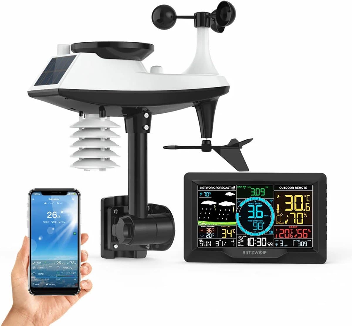 BlitzWolf BW-WS03 Draadloos weerstation - met buitensensor en APP-bediening - met 7.5 inch kleurendisplay - voor temperatuur, vochtigheid, windsnelheid, windrichting, regenval, UV-index, lichtintensiteit, luchtdruk - zwart