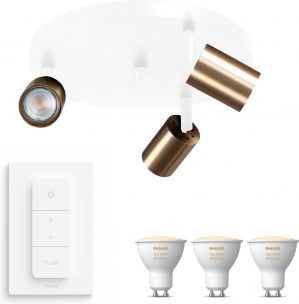 Masterlight Bounce Opbouwspot Rond met Philips Hue White Ambiance GU10 & Dimmer Switch - Spotjes Opbouw - 3 Lichtpunten - Bluetooth - Wit Messing