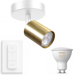 Masterlight Bounce Opbouwspot met Philips Hue White Ambiance GU10 & Dimmer Switch - Spotjes Opbouw - 1 Lichtpunt - Bluetooth - Wit Messing