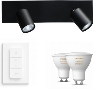 Masterlight Bounce Opbouwspot met Philips Hue White Ambiance GU10 & Dimmer Switch - Spotjes Opbouw - 2 Lichtpunten - Bluetooth - Zwart