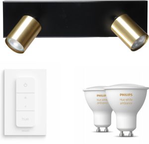 Masterlight Bounce Opbouwspot met Philips Hue White Ambiance GU10 & Dimmer Switch - Spotjes Opbouw - 2 Lichtpunten - Bluetooth - Zwart Messing