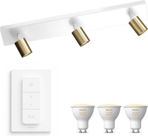 Masterlight Bounce Opbouwspot met Philips Hue White Ambiance GU10 & Dimmer Switch - Spotjes Opbouw - 3 Lichtpunten - Bluetooth - Wit Messing