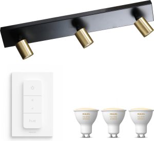 Masterlight Bounce Opbouwspot met Philips Hue White Ambiance GU10 & Dimmer Switch - Spotjes Opbouw - 3 Lichtpunten - Bluetooth - Zwart Messing