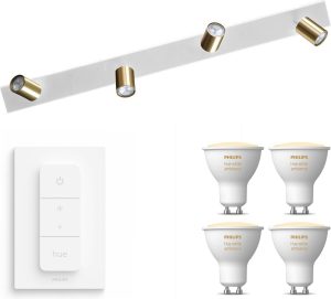 Masterlight Bounce Opbouwspot met Philips Hue White Ambiance GU10 & Dimmer Switch - Spotjes Opbouw - 4 Lichtpunten - Bluetooth - Wit Messing