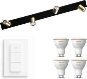 Masterlight Bounce Opbouwspot met Philips Hue White Ambiance GU10 & Dimmer Switch - Spotjes Opbouw - 4 Lichtpunten - Bluetooth - Zwart Messing