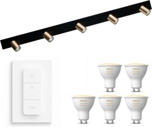 Masterlight Bounce Opbouwspot met Philips Hue White Ambiance GU10 & Dimmer Switch - Spotjes Opbouw - 5 Lichtpunten - Bluetooth - Zwart Messing
