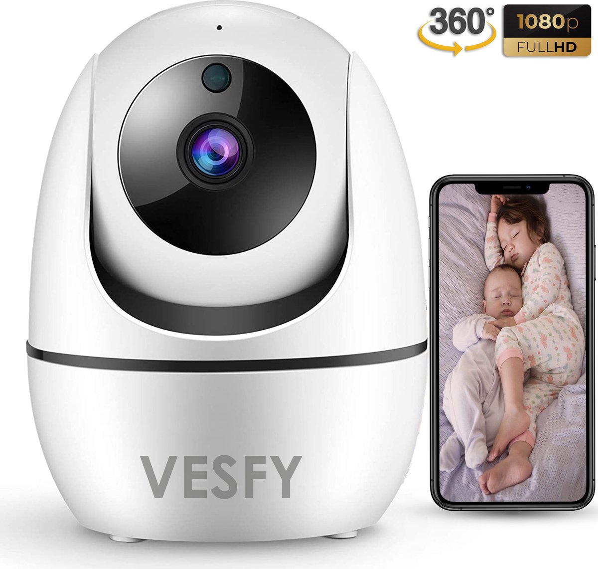 VESFY Smart HD Camera met App - Babyfoon - 360° Draaibaar - Camera Beveiliging Draadloos Wifi