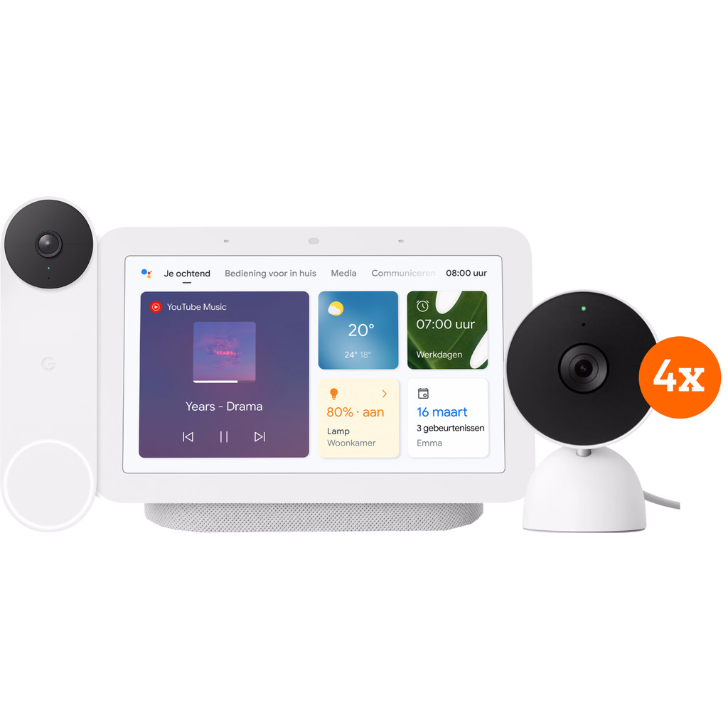 Google Nest Cam Indoor Wired 4pack + Nest Deurbel + Nest Hub 2 Smart Gear Compare