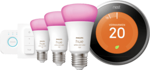 Google Nest Thermostat V3 Zilver + Philips Hue White and Color E27 3-pack, dimmer + Bridge