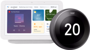 Nest Learning Thermostat V3 Premium Zwart + Google Nest Hub 2 Chalk