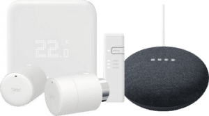 Tado Slimme Thermostaat V3+ Startpakket + 2 radiatorknoppen + Google Nest Mini Grijs