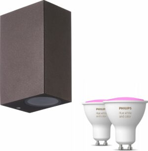 Mantra Kandachu Wandlamp Buiten Rechthoekig - Muurlamp - 2 Lichtpunten - Tuinverlichting LED Buiten - Buitenlamp - Incl. Philips Hue White & Color Ambiance GU10 - Roestbruin