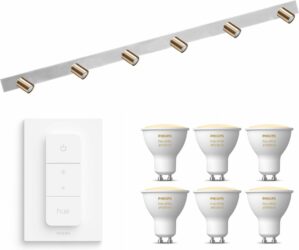 Masterlight Bounce Opbouwspot met Philips Hue White Ambiance GU10 & Dimmer Switch - Spotjes Opbouw - 6 Lichtpunten - Bluetooth - Wit Messing
