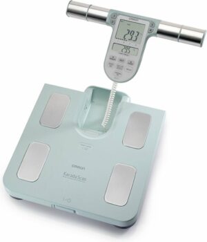 OMRON BF511 Slimme Weegschaal met Lichaamsanalyze en Vetpercentage 8 Sensoren voor Beide Handen en Voeten voor Volledige Bio-Elektrische Impedantie Analyze (BIA) - Smart Personenweegschaal Digitaal - Smart Scale - Klinisch Gevalideerd - Turquoise