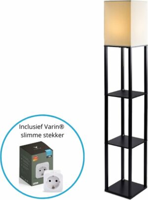 Varin® Vloerlamp met vakken - incl. Varin® Slimme stekker met energiemeter - Zwart - E27 Fitting - Smart Lamp - Slimme staande lampen - Sfeerlamp - Vakkenkast - Industriele lamp - Tuya wifi - Vloerlampen - Verlichting woonkamer, keuken en slaapkamer