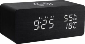 Houten Wekker en Oplaadplek - Elegante Digitale Alarmklok - Draadloze Oplader - Wekkerradio en Weerstation - Stijlvol Ontwerp - Zwart